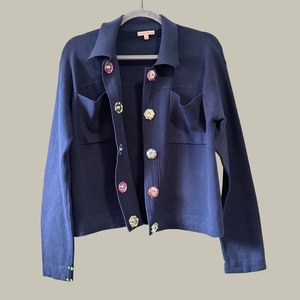 Lisa Todd Navy Blue Knit Jacket Neon Contrast Stitch Snap Front Pockets Mens M